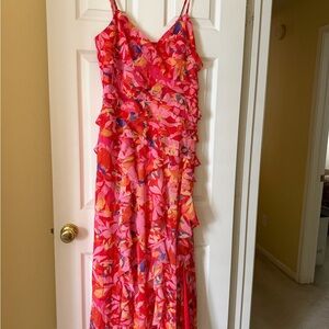 Eliza J Coral Red Floral Maxi Dress with Pink, Orange & Blue Accents